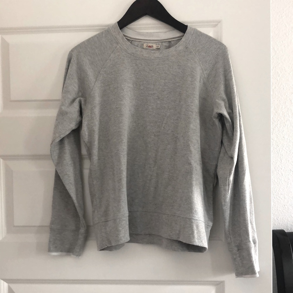 Grey pinstripe crew sweatshirt.